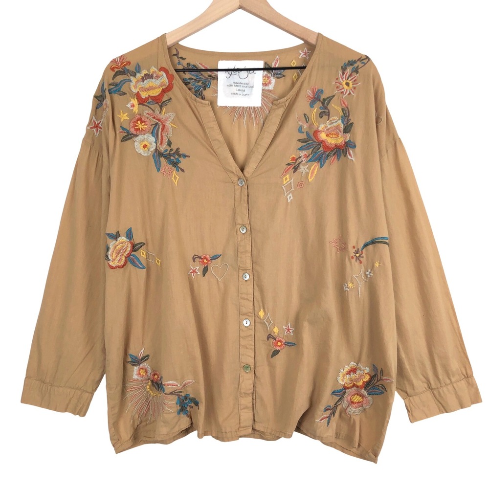 KYLA SEO Embroidered Floral 100% Cotton Top Sz L Tan Boho Button Shirt Festival